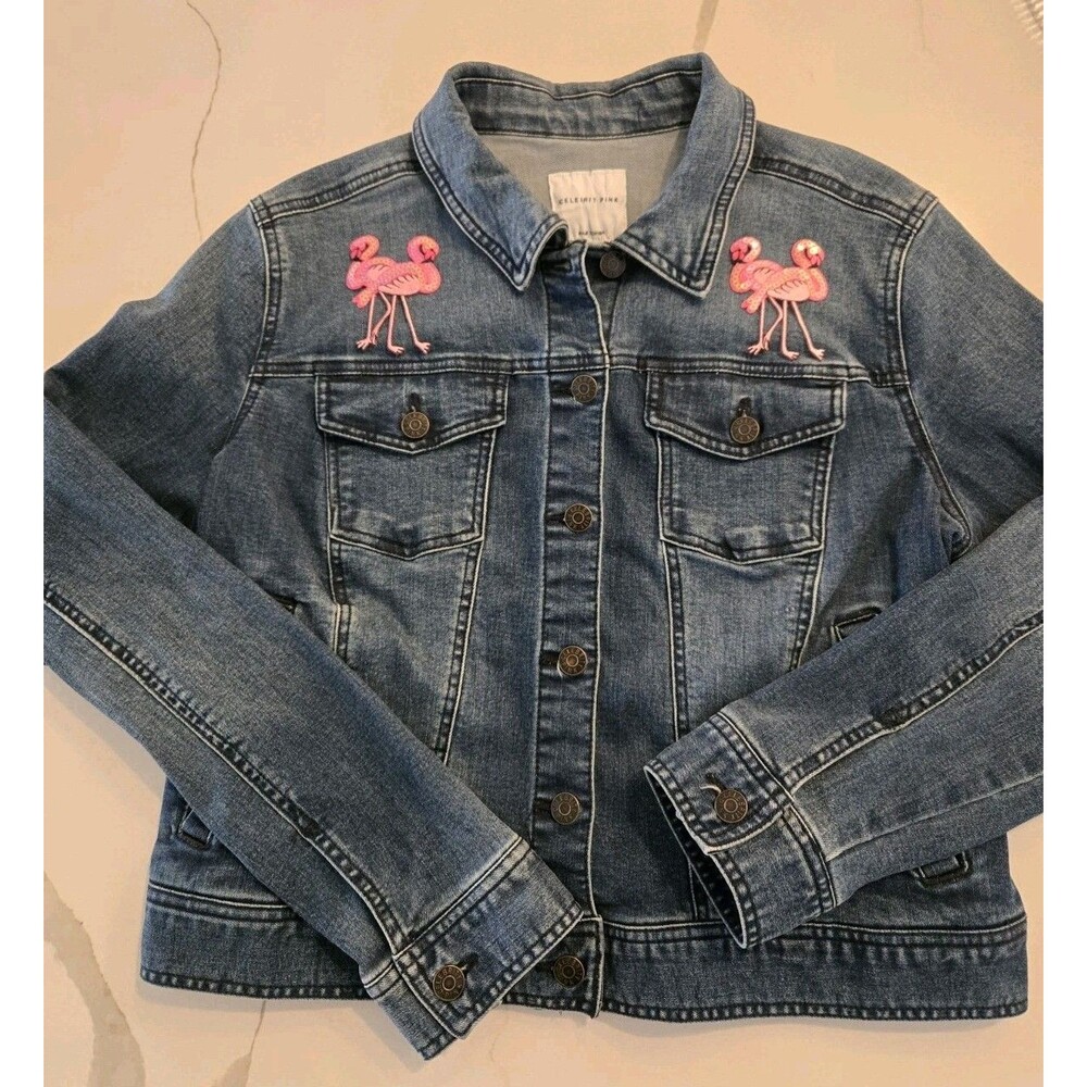Celebrity Pink Denim Sequin Flamingos Patch Trucker Jacket L Collared Y2K